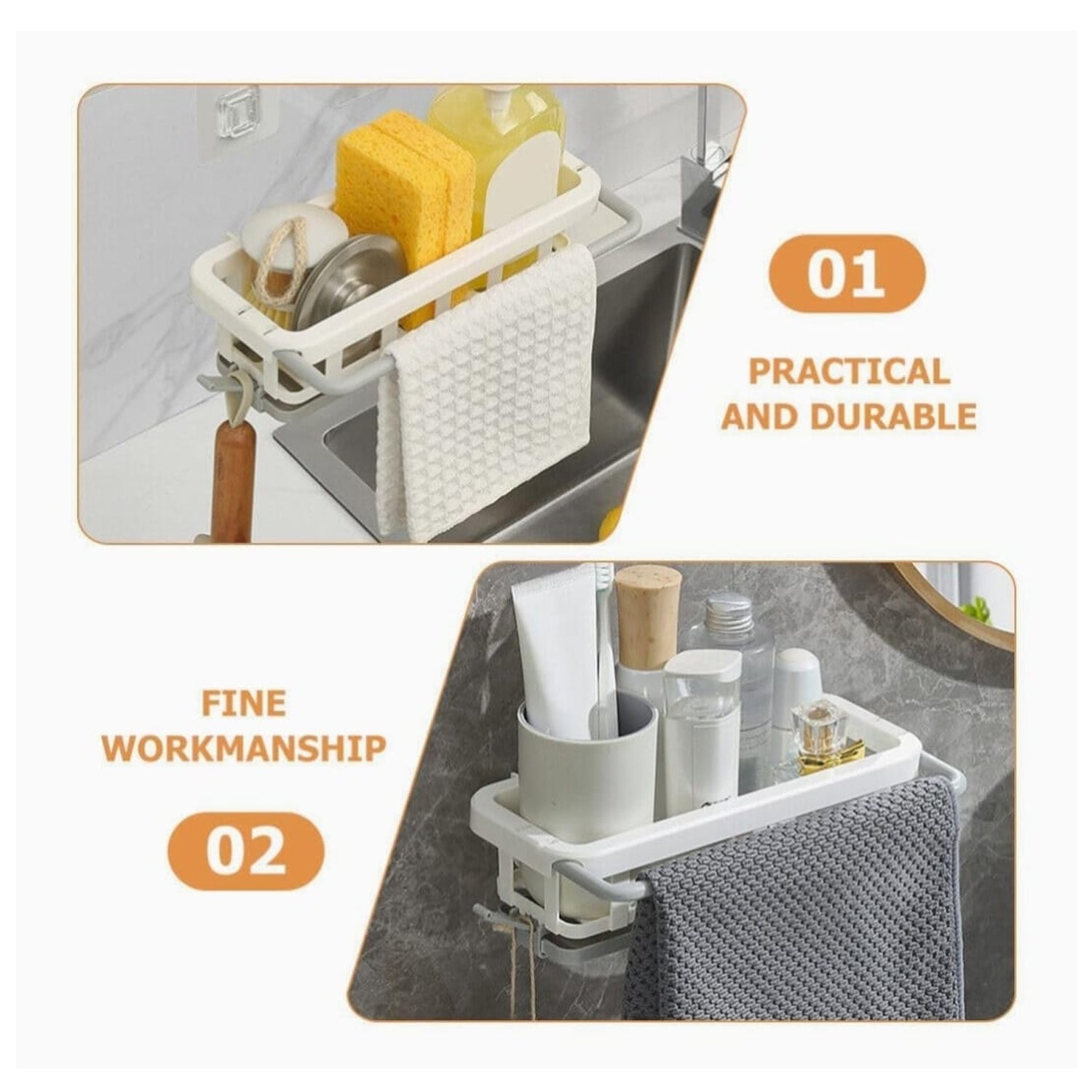 Multipurpose Platic Hanging Drain Rack Retractable Sponge Storage Hanging Rack With Adhesive Hook For Kitchen And Bathroom Dishcloth Holders Basket Drying Tray Organizer