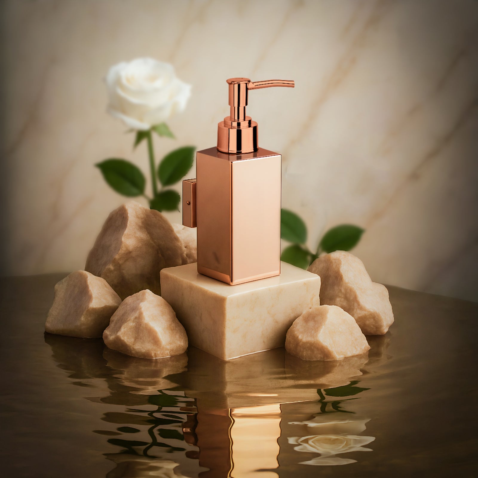 Qeyra 304 Stainless Steel & Brass Square Wall-Mounted Liquid Soap Dispenser | Hand Wash Holder for Wash Basin, Kitchen & Bathroom Accessories